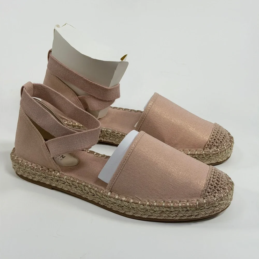 Kenneth Cole Reaction Size-10 Beech Rose Metallic Espadrille Flat Ankle Strap